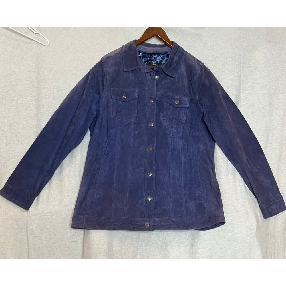 Dennis Basso Women Leather Jacket Large Purple-Blue Button Long Sleeve Pockets